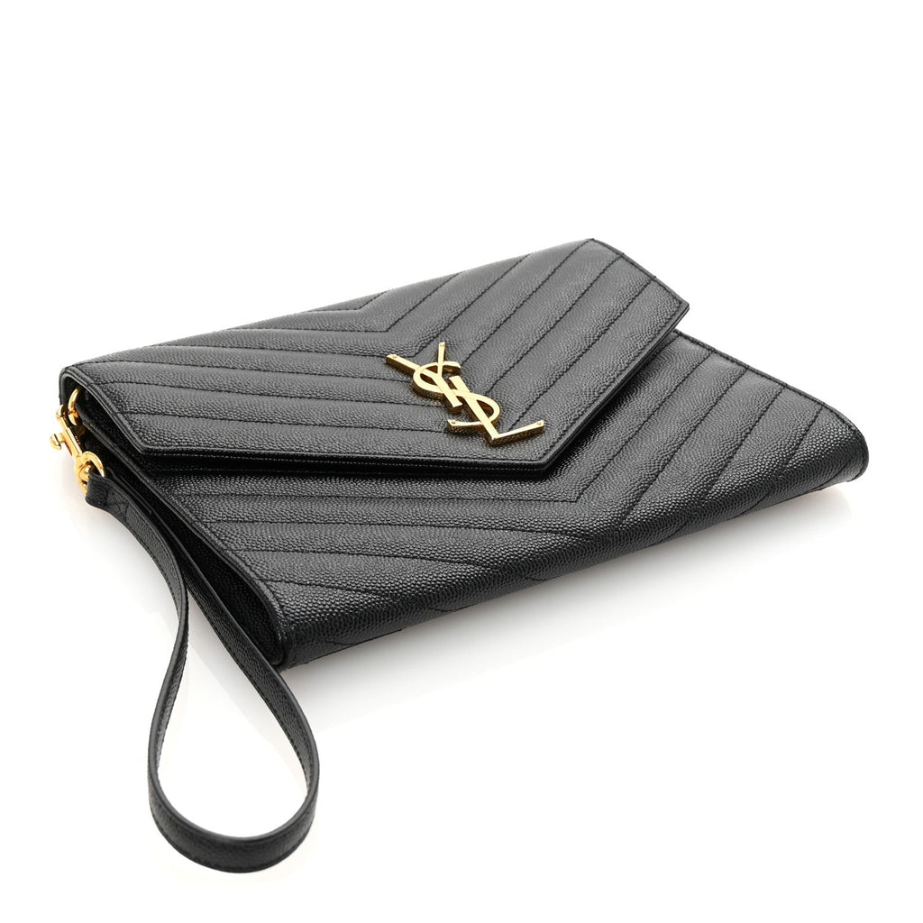 Grain De Poudre Matelasse Chevron Monogram Envelope Clutch Black