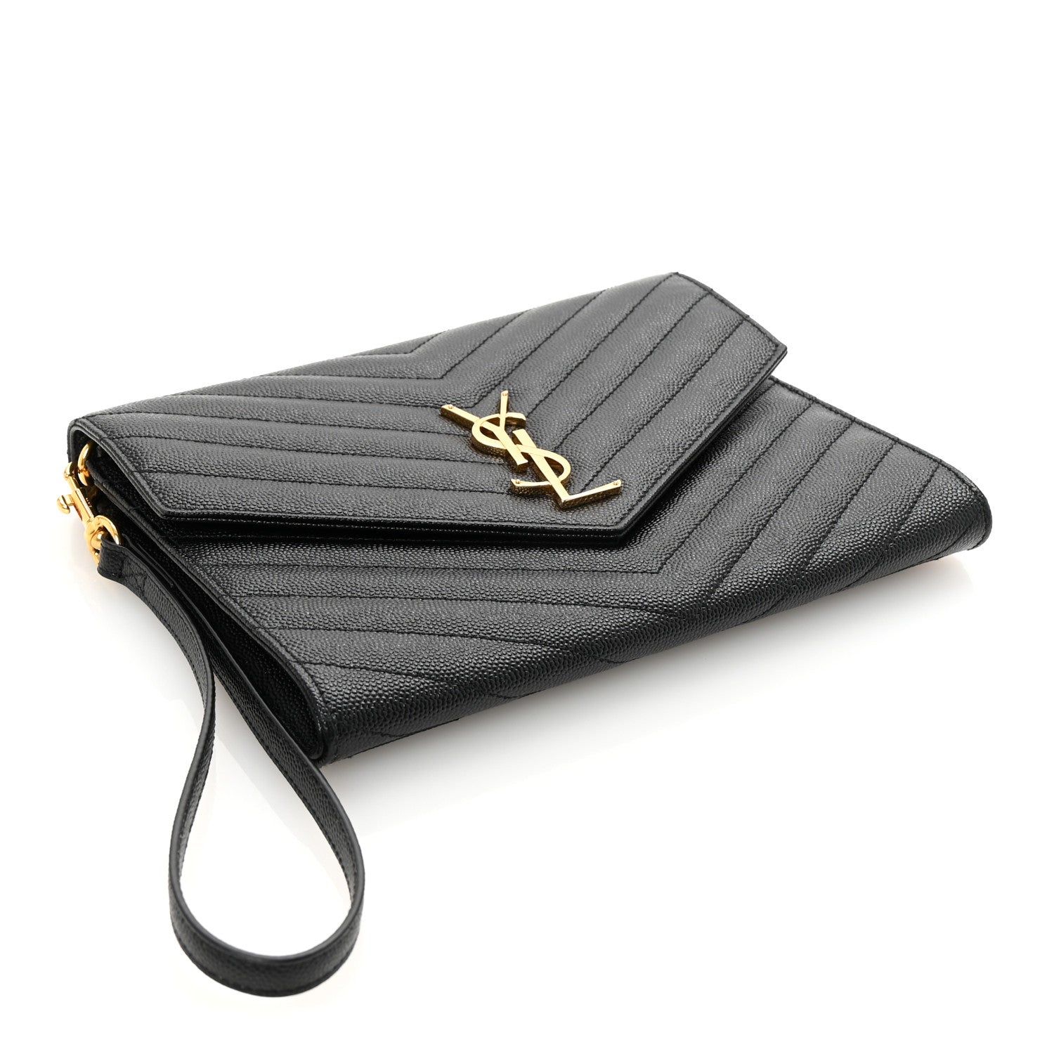 Grain De Poudre Matelasse Chevron Monogram Envelope Clutch Black