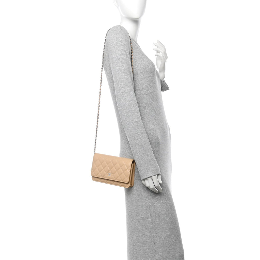 Caviar Quilted Wallet on Chain WOC Beige