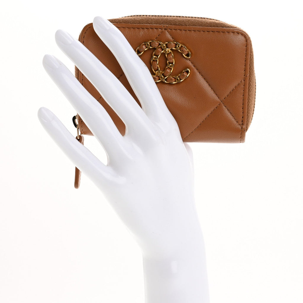 Lambskin Quilted Chanel 19 Zip Around Coin Purse Wallet Brown