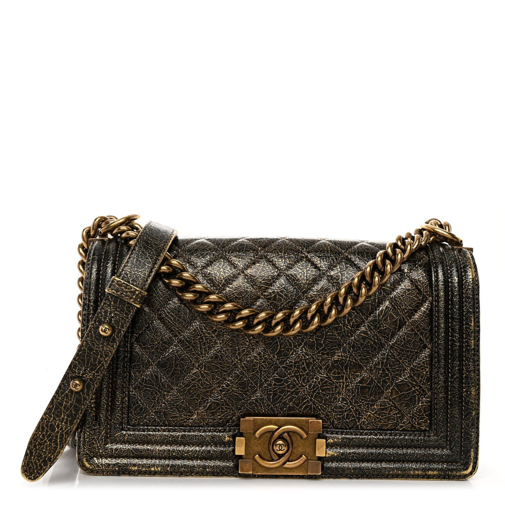 Cracked Metallic Calfskin Quilted Medium Boy Flap Gold
