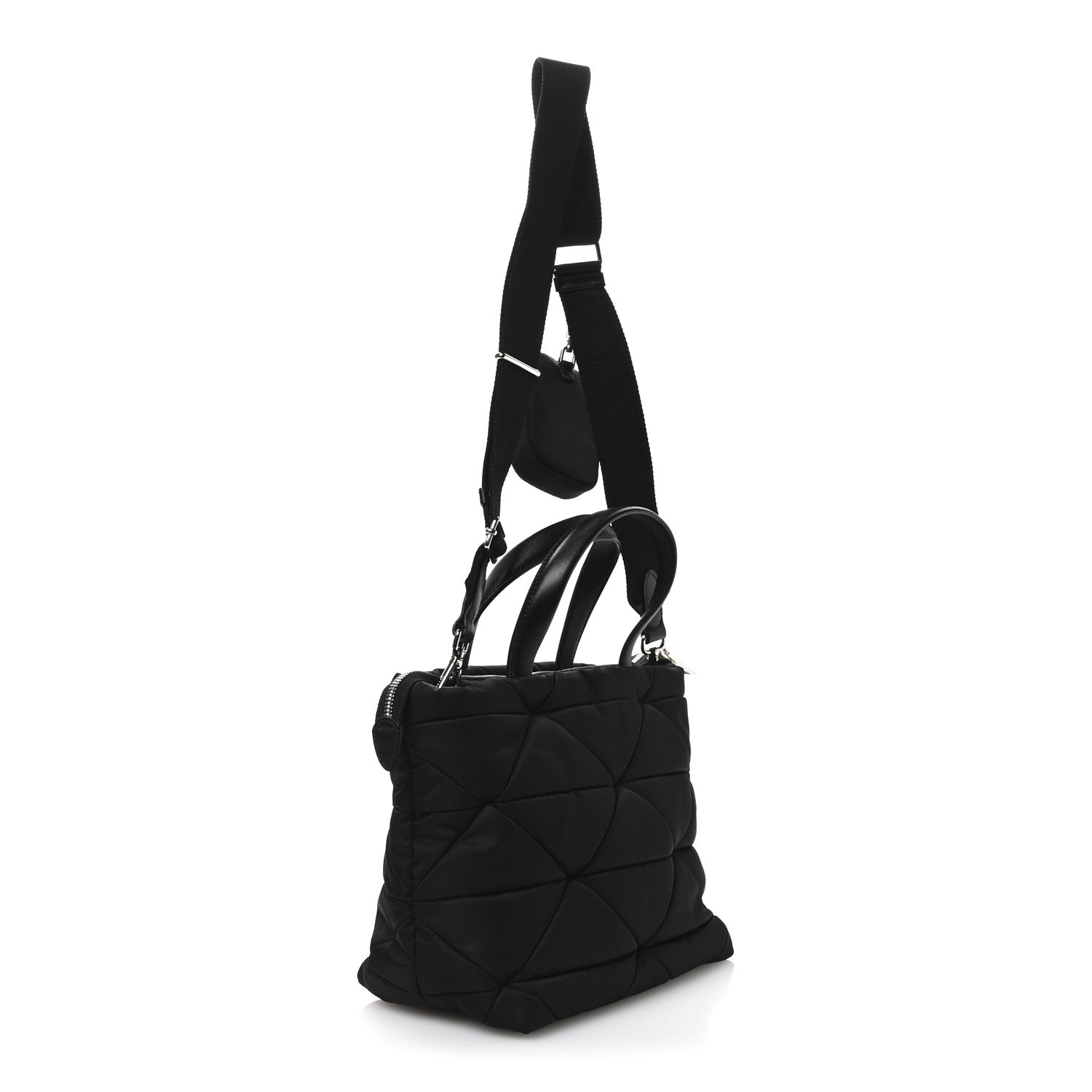 Re-Nylon Nappa Triangle Quilted Padded Double Handled Zip Pocket Tote Black
