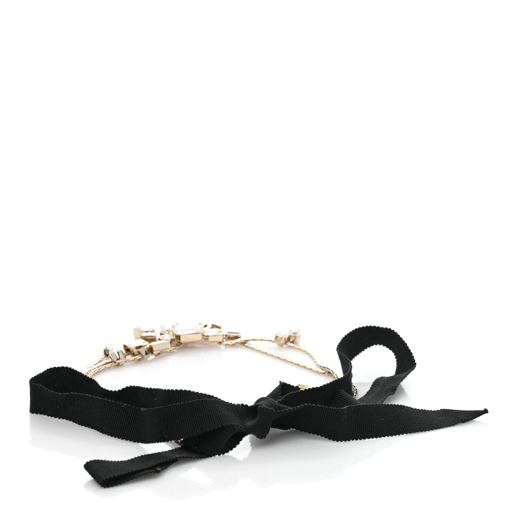 Metal Crystal Pearl Grosgrain CC Chain Tie Headband Gold