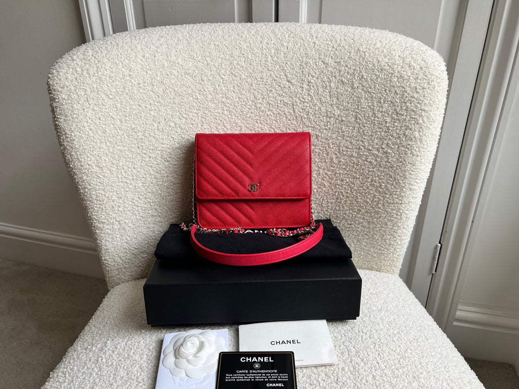 Chanel Red Caviar Chevron Square Wallet on Chain