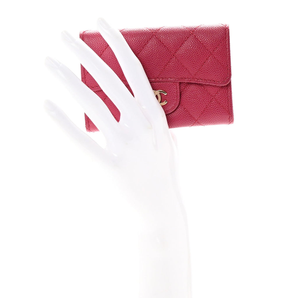 Caviar Quilted Flap  Holder Wallet Dark Pink