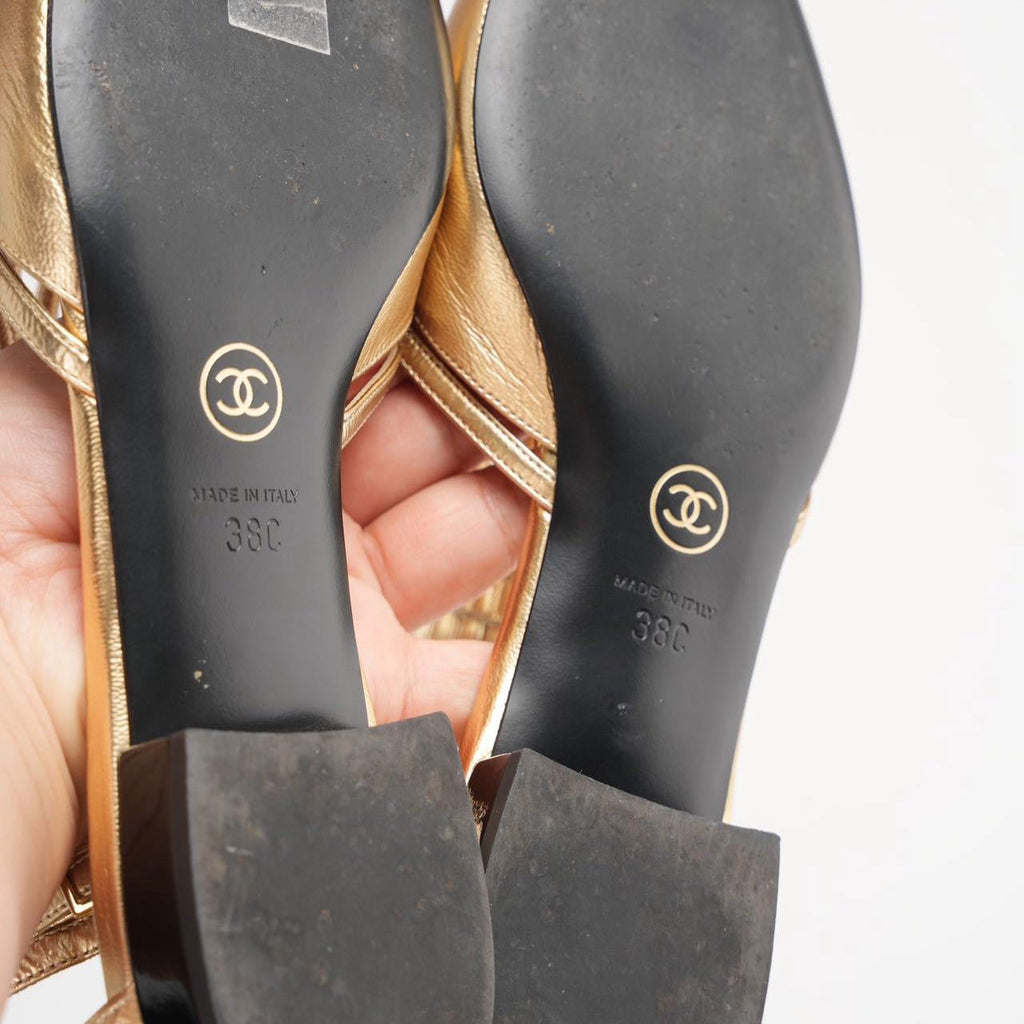 Chanel Gold Metallic Leather Sandals Size 38C