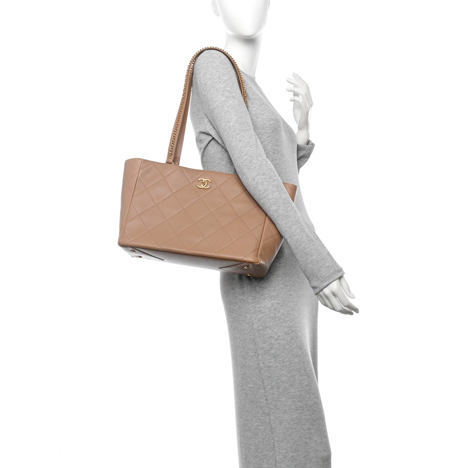 Calfskin Quilted Chain Shopping Tote Beige