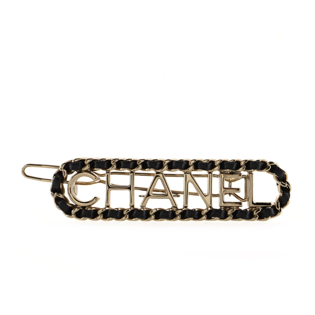 Woven Chain Logo Hair Clip Metal and Leather XS
