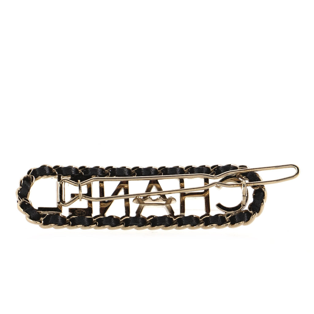 Woven Chain Logo Hair Clip Metal and Leather XS