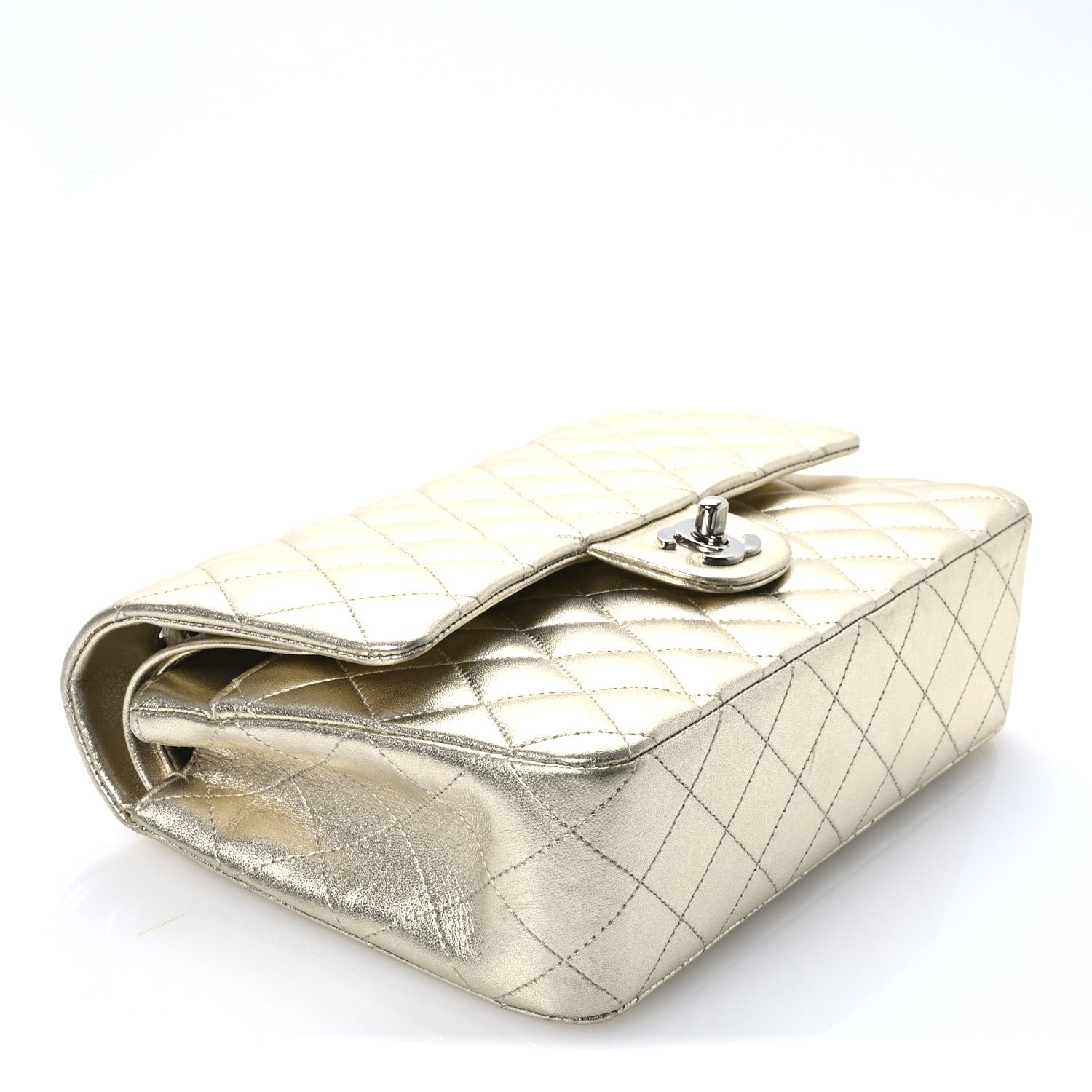 Metallic Lambskin Quilted Medium Double Flap Pale Gold