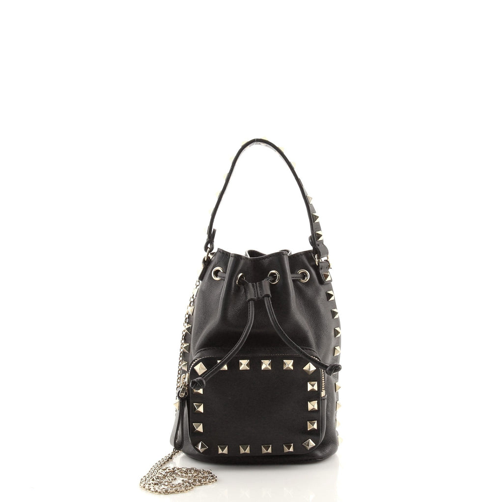 Rockstud Drawstring Bucket Bag Leather Mini
