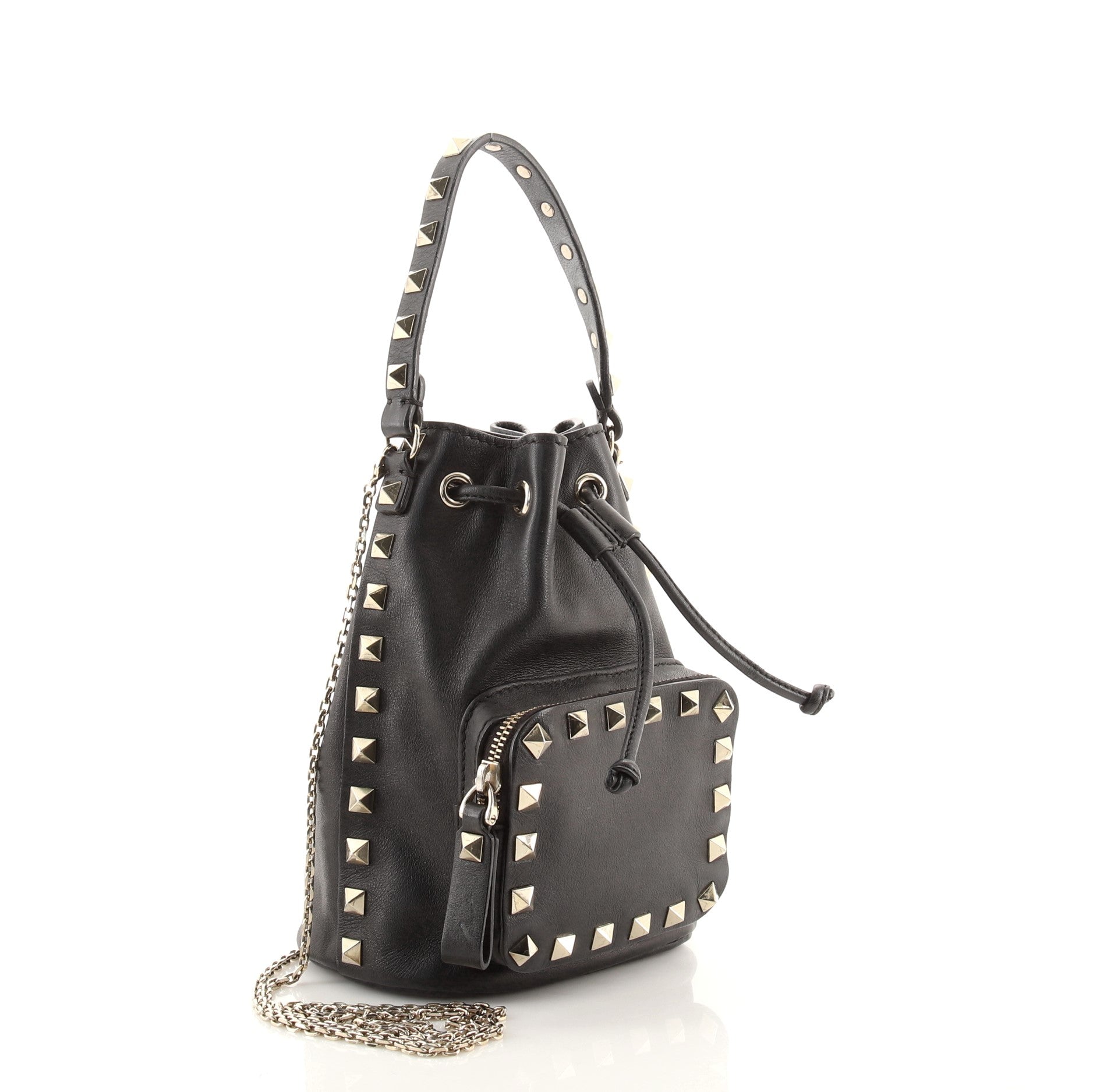 Rockstud Drawstring Bucket Bag Leather Mini