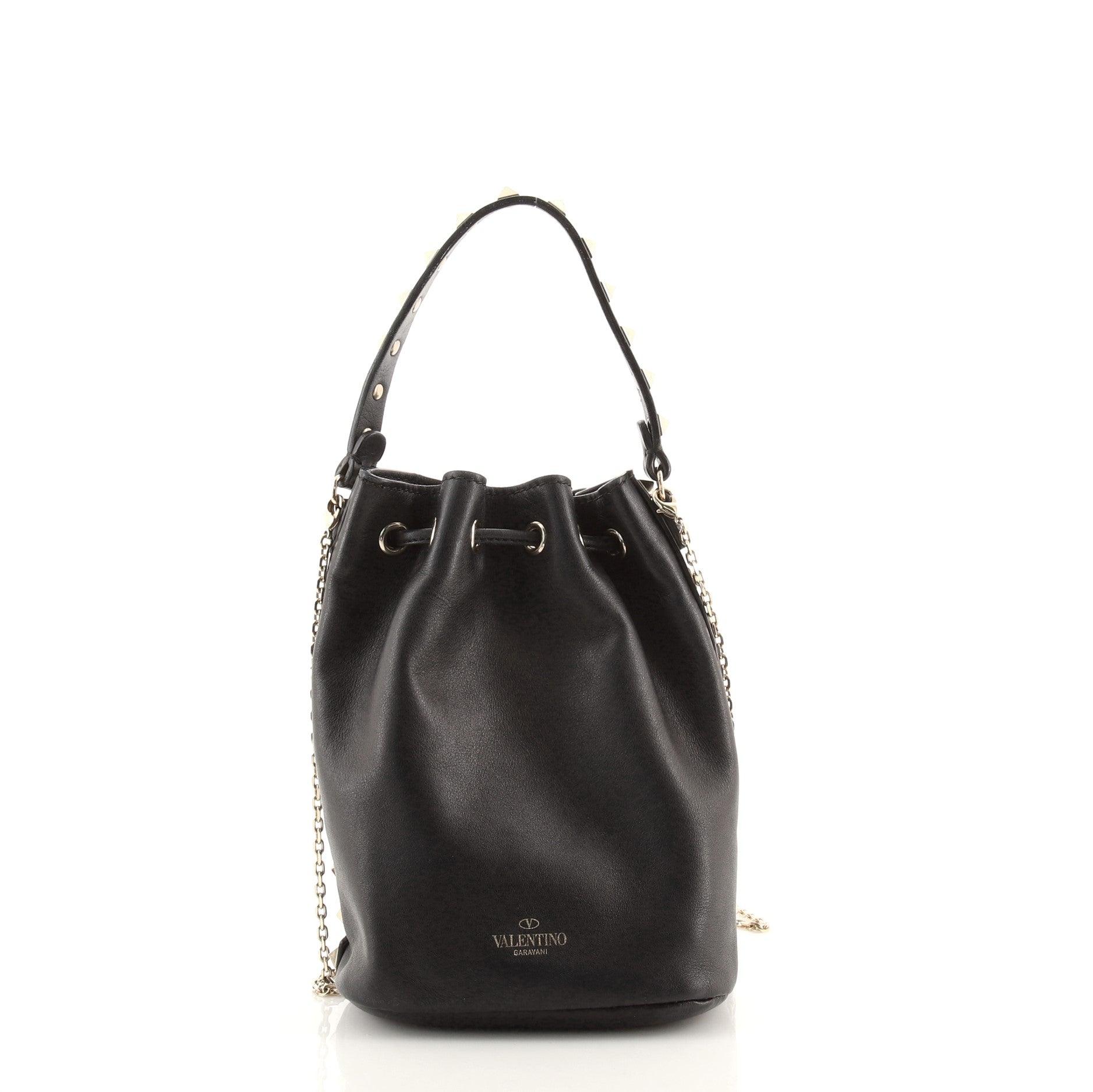 Rockstud Drawstring Bucket Bag Leather Mini