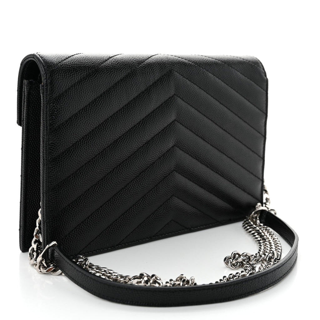 Grain De Poudre Matelasse Chevron Monogram Envelope Chain Wallet Black