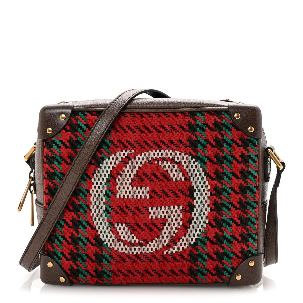 Cotton Wool Textured Calfskin Houndstooth Woven Square Messenger Bag Red Green Ivory Multicolor New Acero