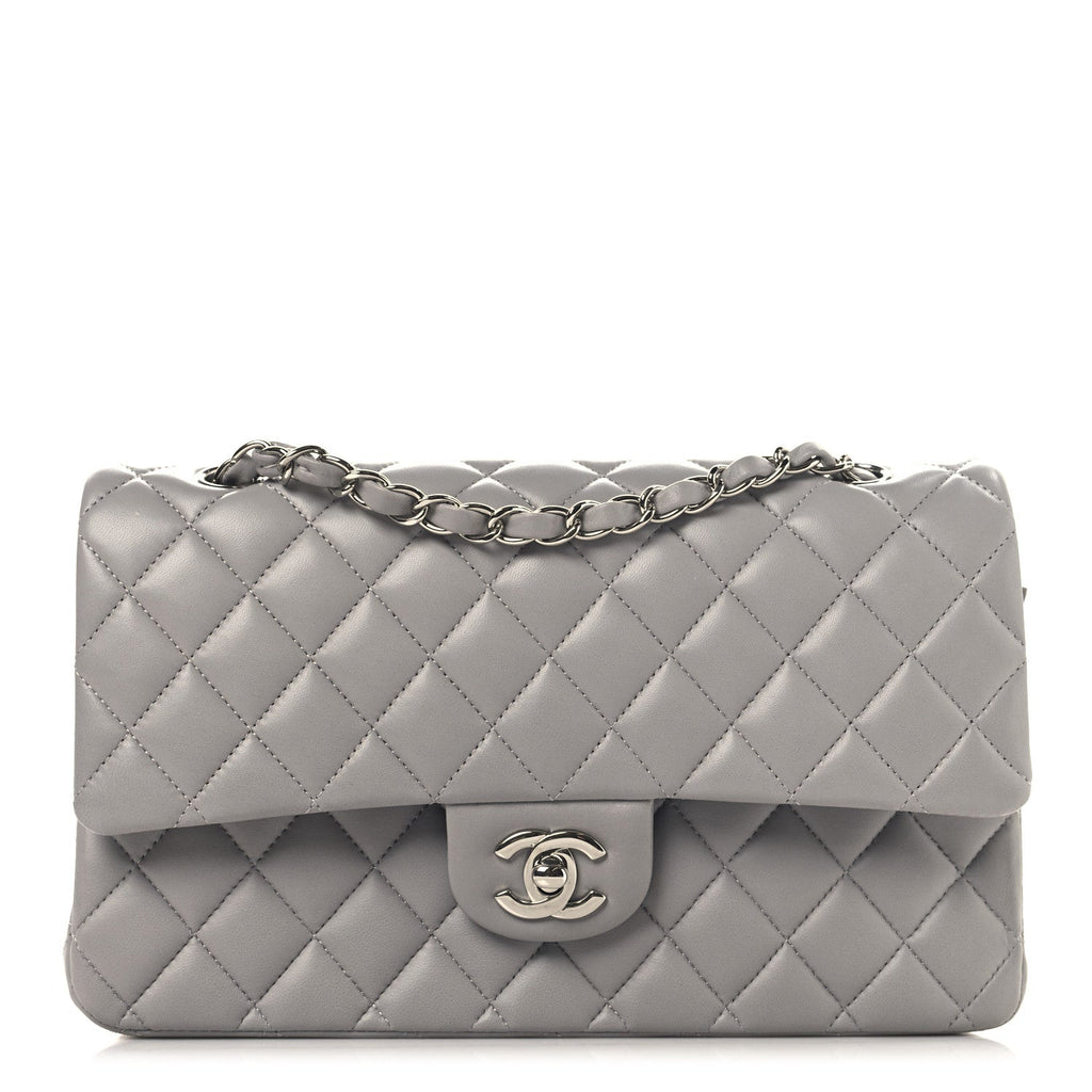 Lambskin Quilted Medium Double Flap Grey