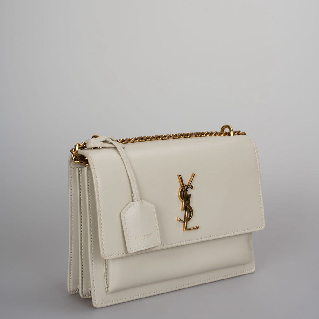 Saint Laurent Sunset Medium Bag in White Blanc  Calfskin with Gold Hardware