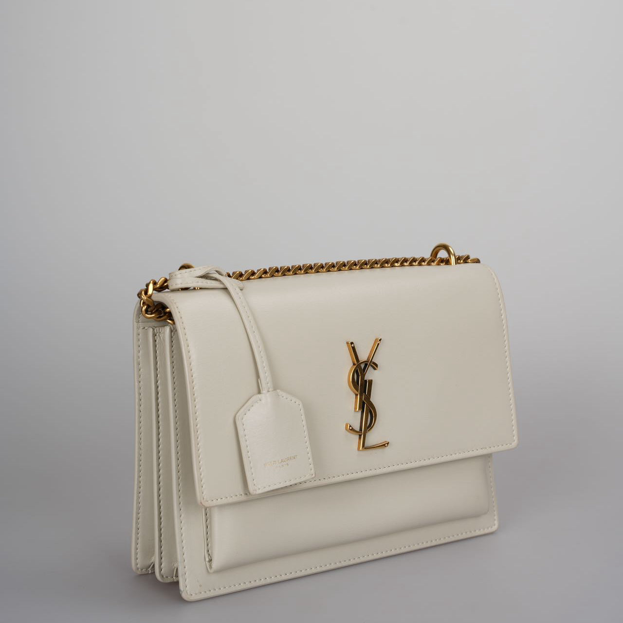 Saint Laurent Sunset Medium Bag in White Blanc  Calfskin with Gold Hardware