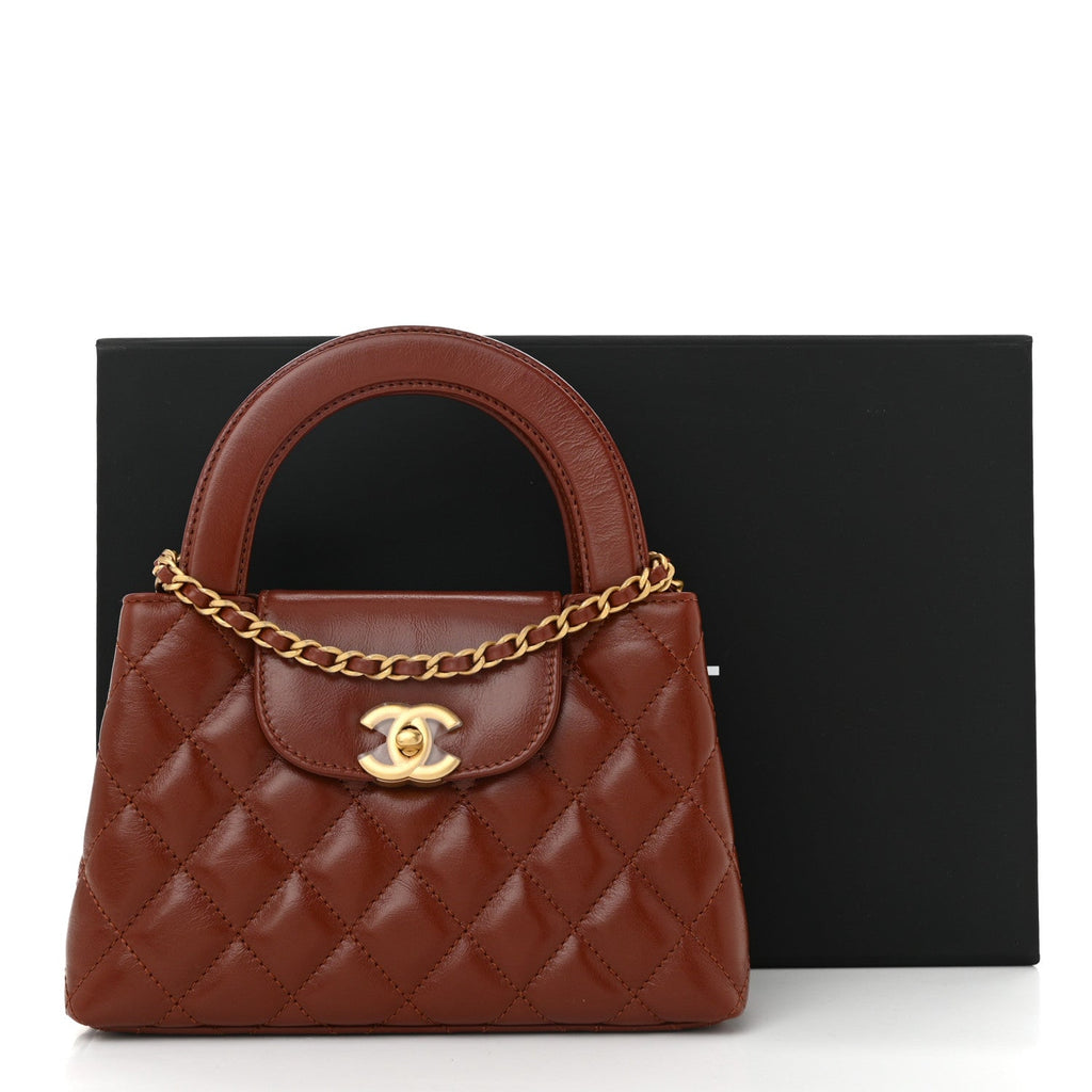 Shiny Aged Calfskin Quilted Nano Kelly Shopper Brown