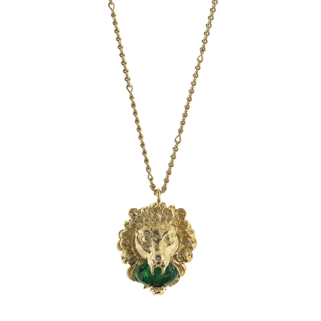 Lion Head Pendant Necklace Metal and Crystal