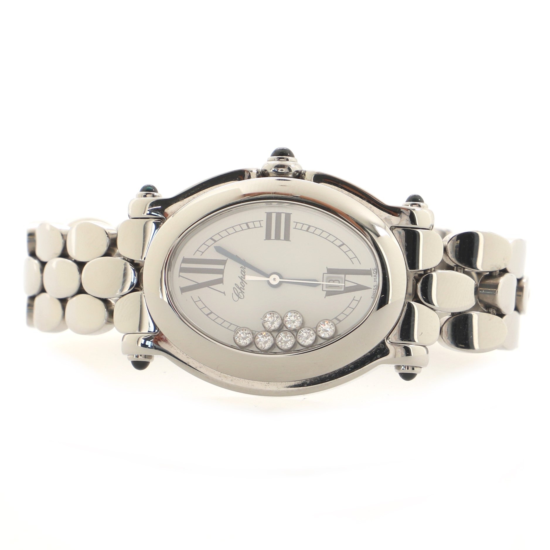 Happy Sport Oval Quartz Watch Stainless Steel with Floating Diamonds 30