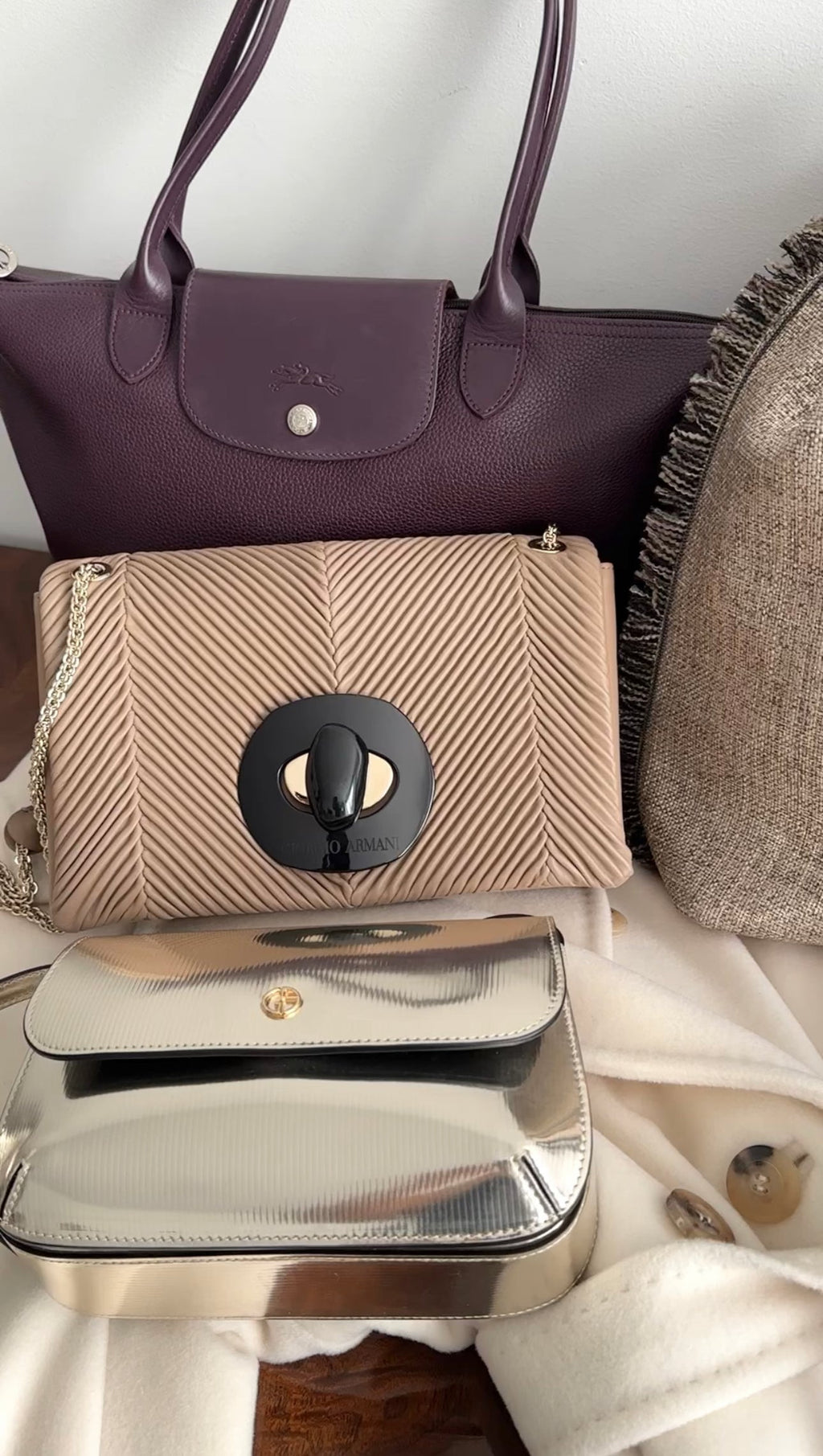 Giorgio Armani Taupe Brown Pleated Leather Chain Bag