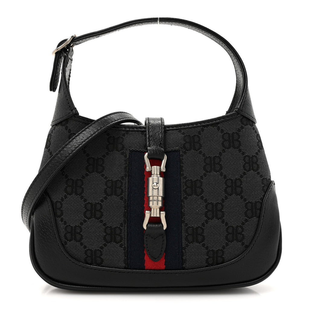 X BALENCIAGA BB Monogram Calfskin Web Mini Jackie 1961 Hobo Black