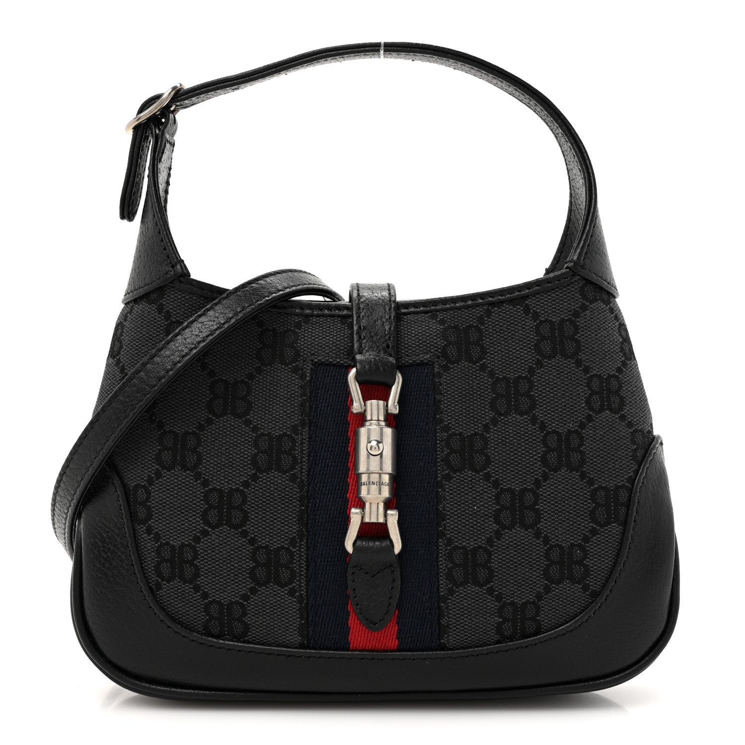 X BALENCIAGA BB Monogram Calfskin Web Mini Jackie 1961 Hobo Black
