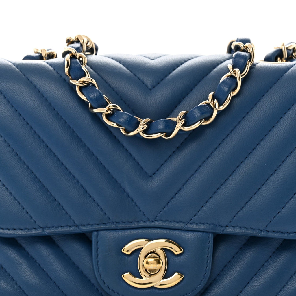 Lambskin Chevron Quilted Mini Square Flap Blue