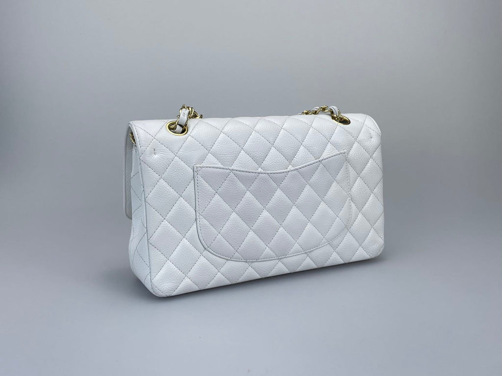 Chanel Medium White Classic Flap Bag in Caviar Leather with Gold Hardware