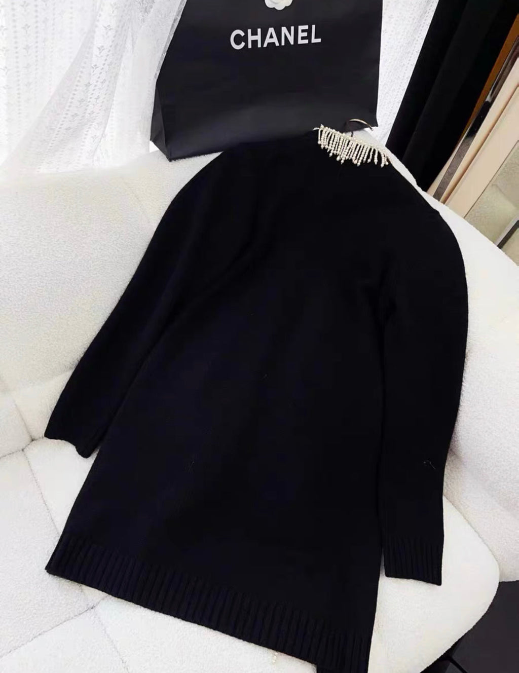 Chanel 21k Black & Ecru igan with Pearl fringe size 36