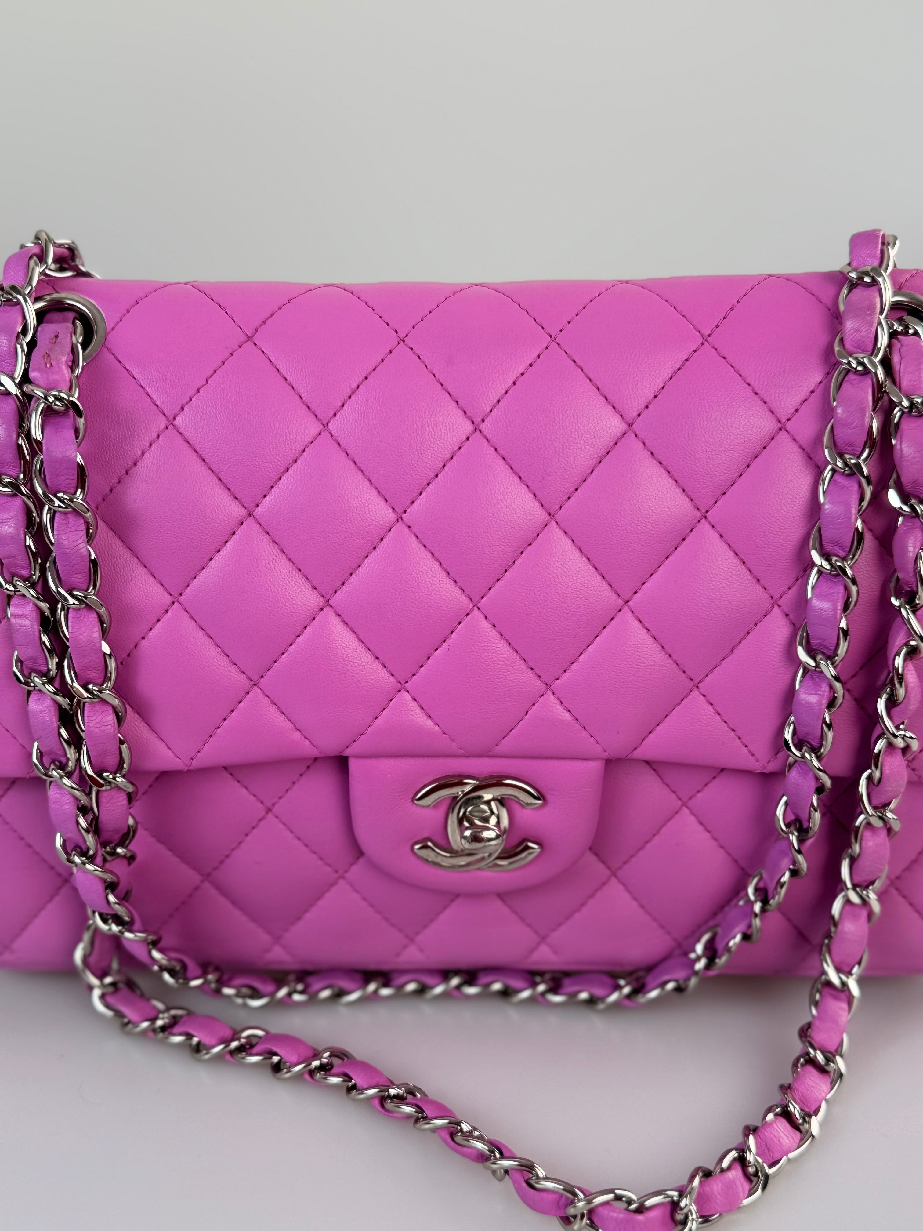 Chanel Medium Classic Double Flap Bag in Purple Leliac Lambskin Leather Silver Hardware