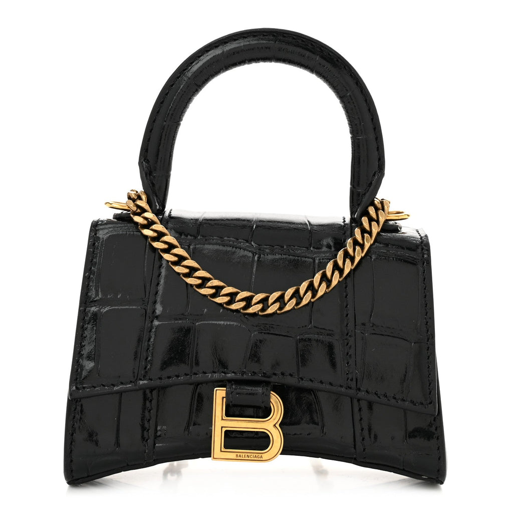Shiny Calfskin Crocodile Embossed Hourglass Top Handle Bag Mini with Chain Black
