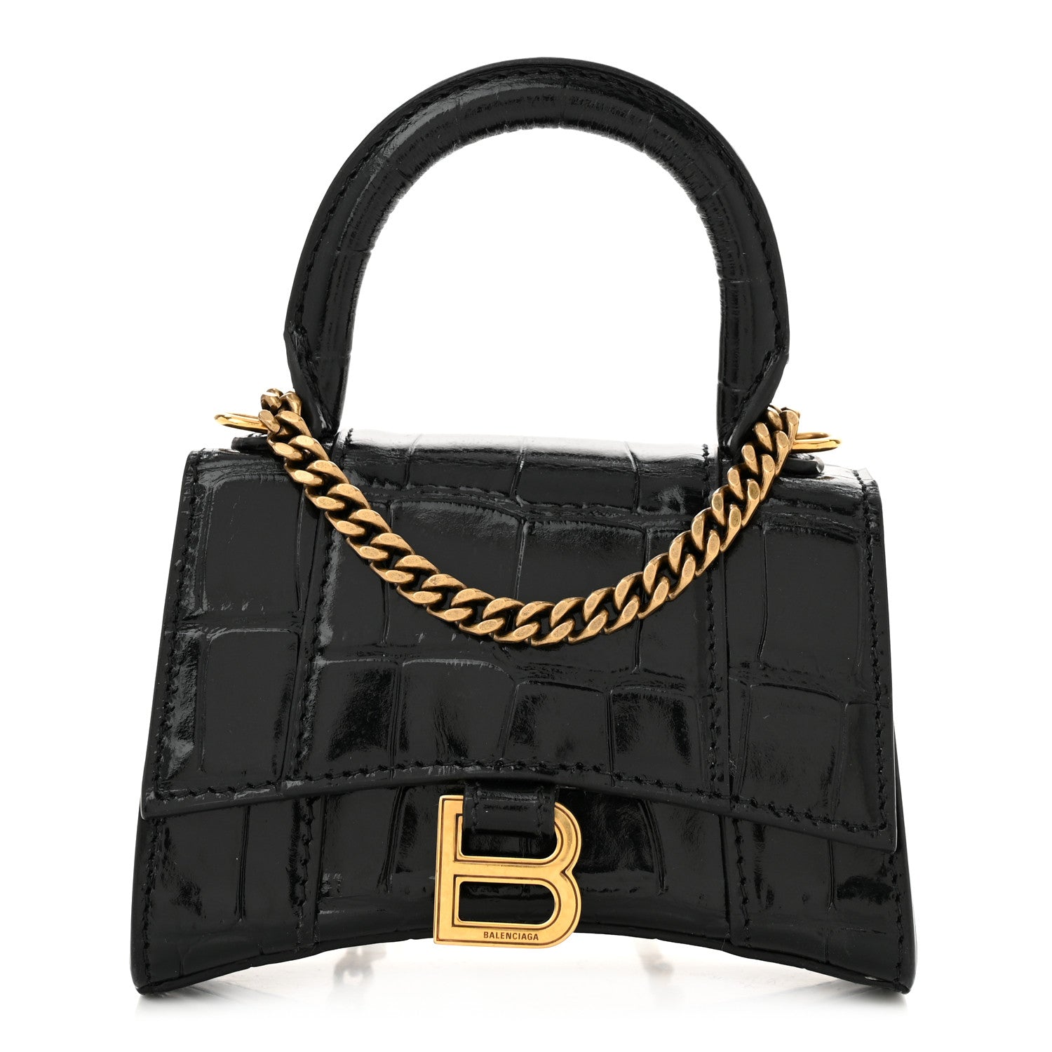 Shiny Calfskin Crocodile Embossed Hourglass Top Handle Bag Mini with Chain Black