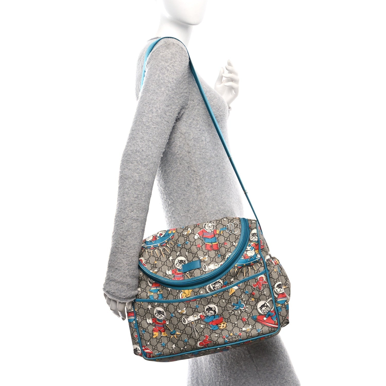 GG Supreme Monogram Space Cats Diaper Bag Turquoise