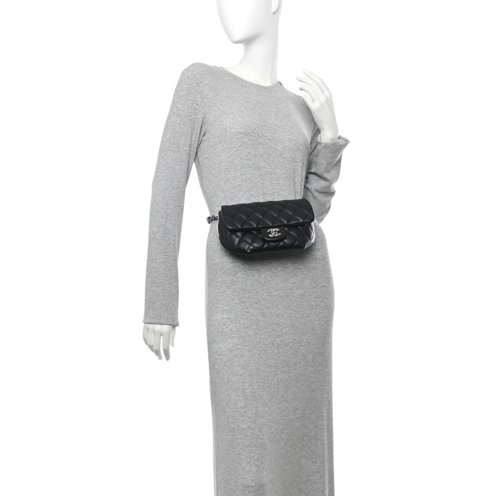 Calfskin Quilted CC Uniform Flap Belt Bag Black