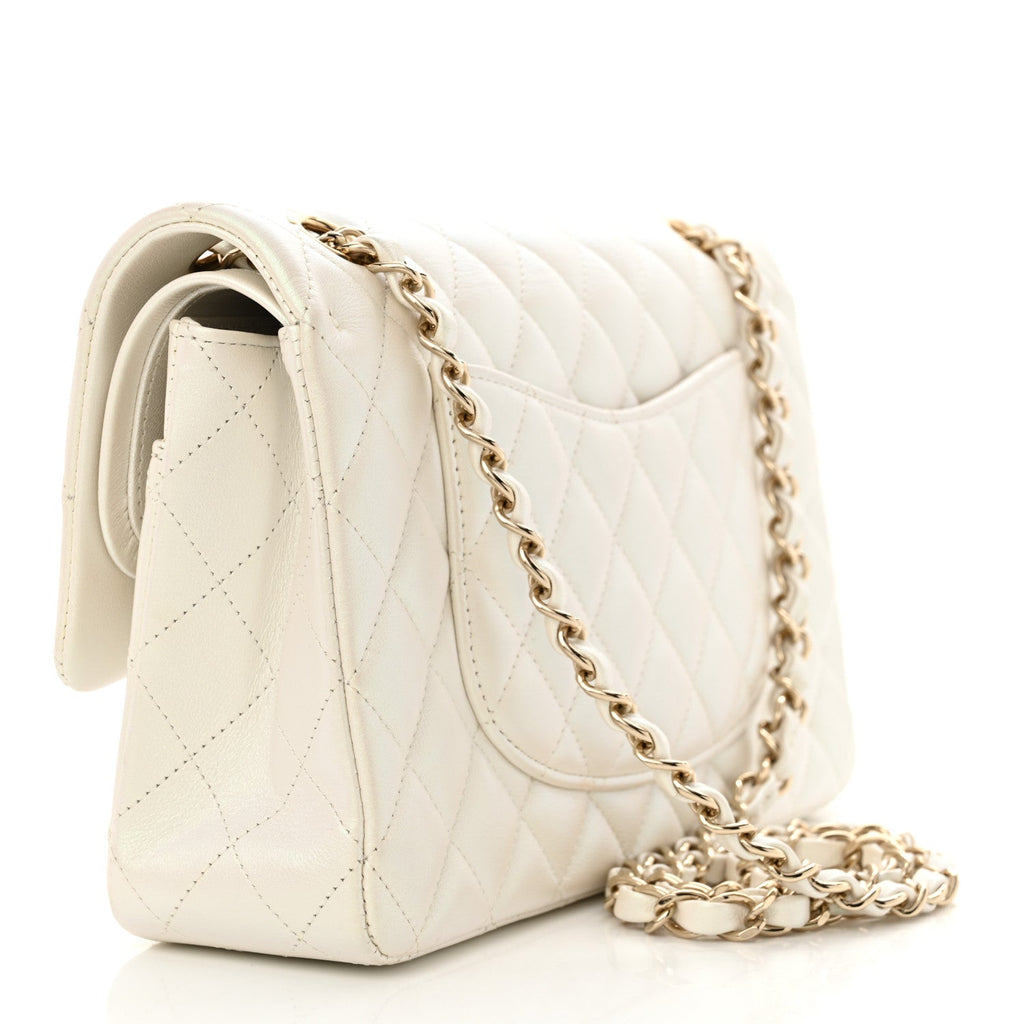 Iridescent Calfskin Quilted Medium Double Flap White