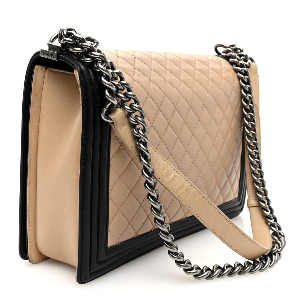 Lambskin Quilted Large Boy Flap Beige Black