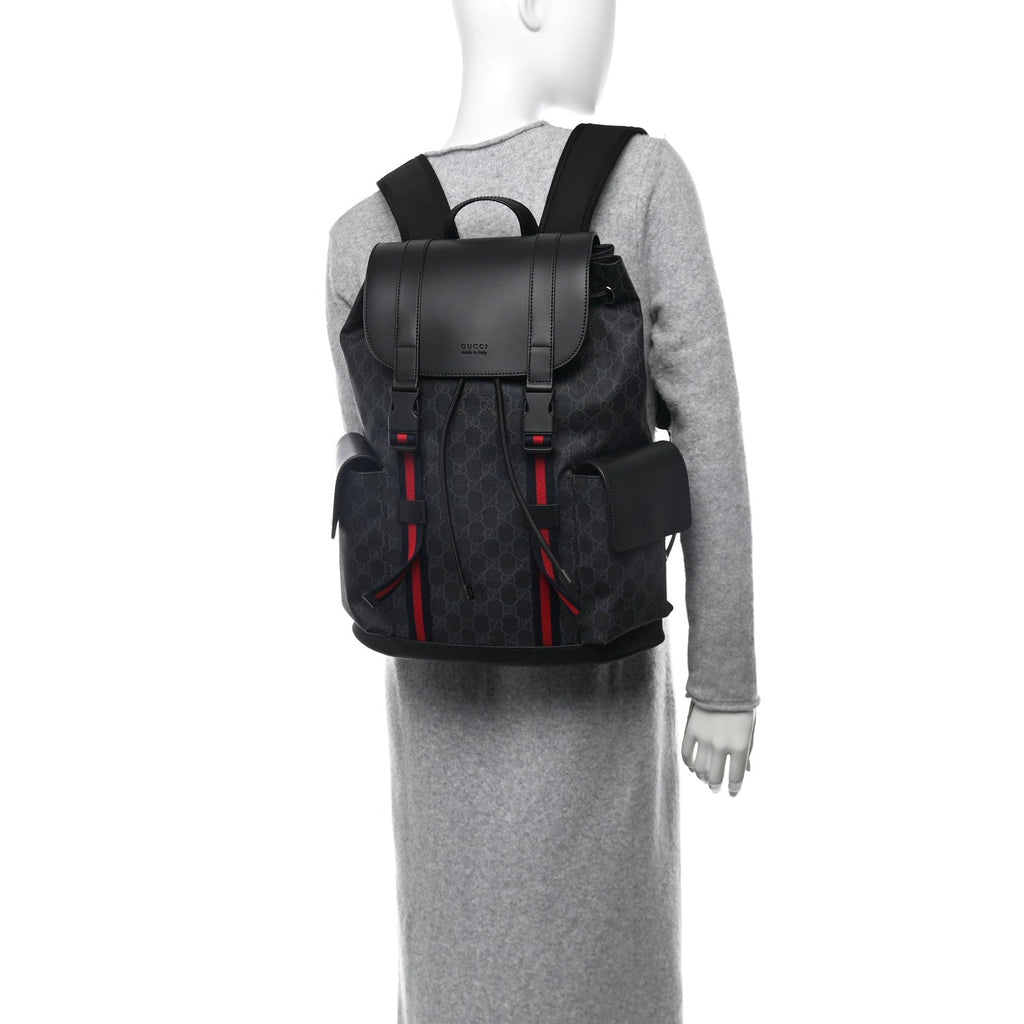 Soft GG Supreme Monogram Calfskin Web Double Buckle Backpack Black