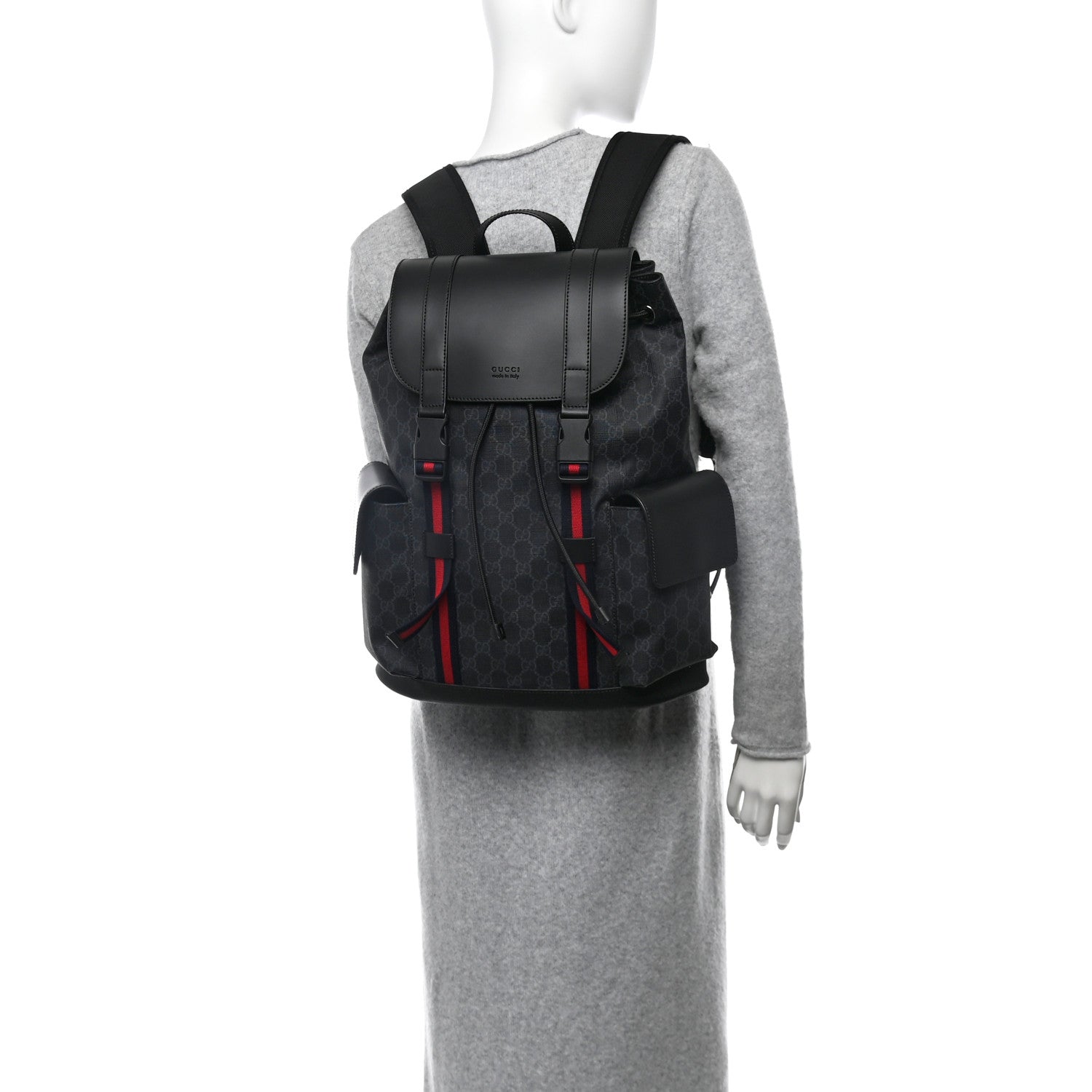 Soft GG Supreme Monogram Calfskin Web Double Buckle Backpack Black