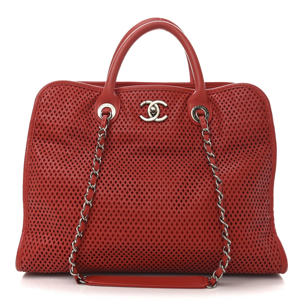 Calfskin Perforated Up In The Air Tote Red