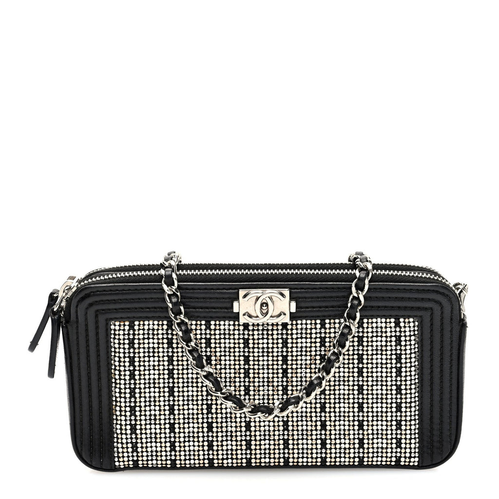 Calfskin Crystal Studded Small Boy Clutch With Chain Black