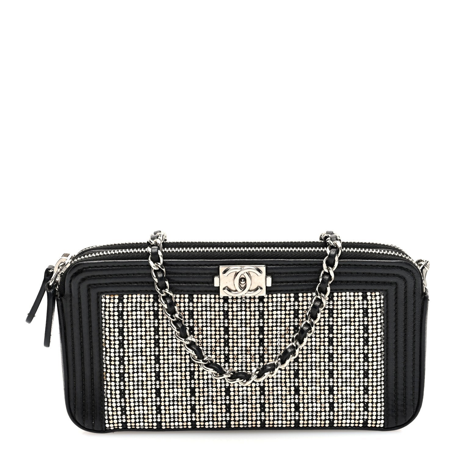 Calfskin Crystal Studded Small Boy Clutch With Chain Black