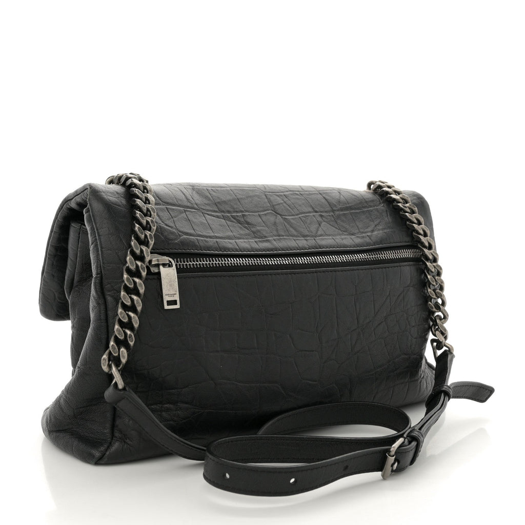 Calfskin Crocodile Embossed Medium West Hollywood Monogram Fold-Over Black