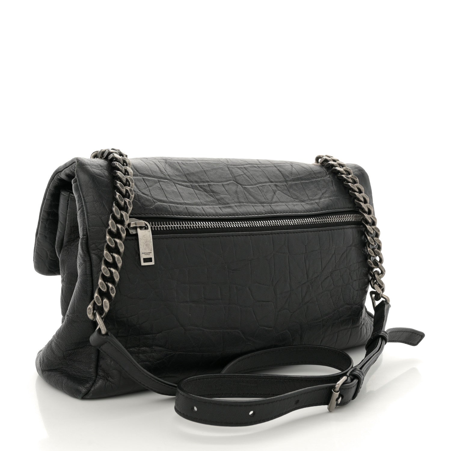 Calfskin Crocodile Embossed Medium West Hollywood Monogram Fold-Over Black