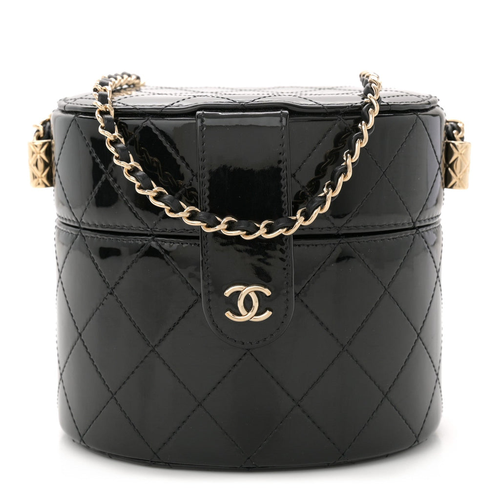 Patent Quilted Round Clutch With Chain Black