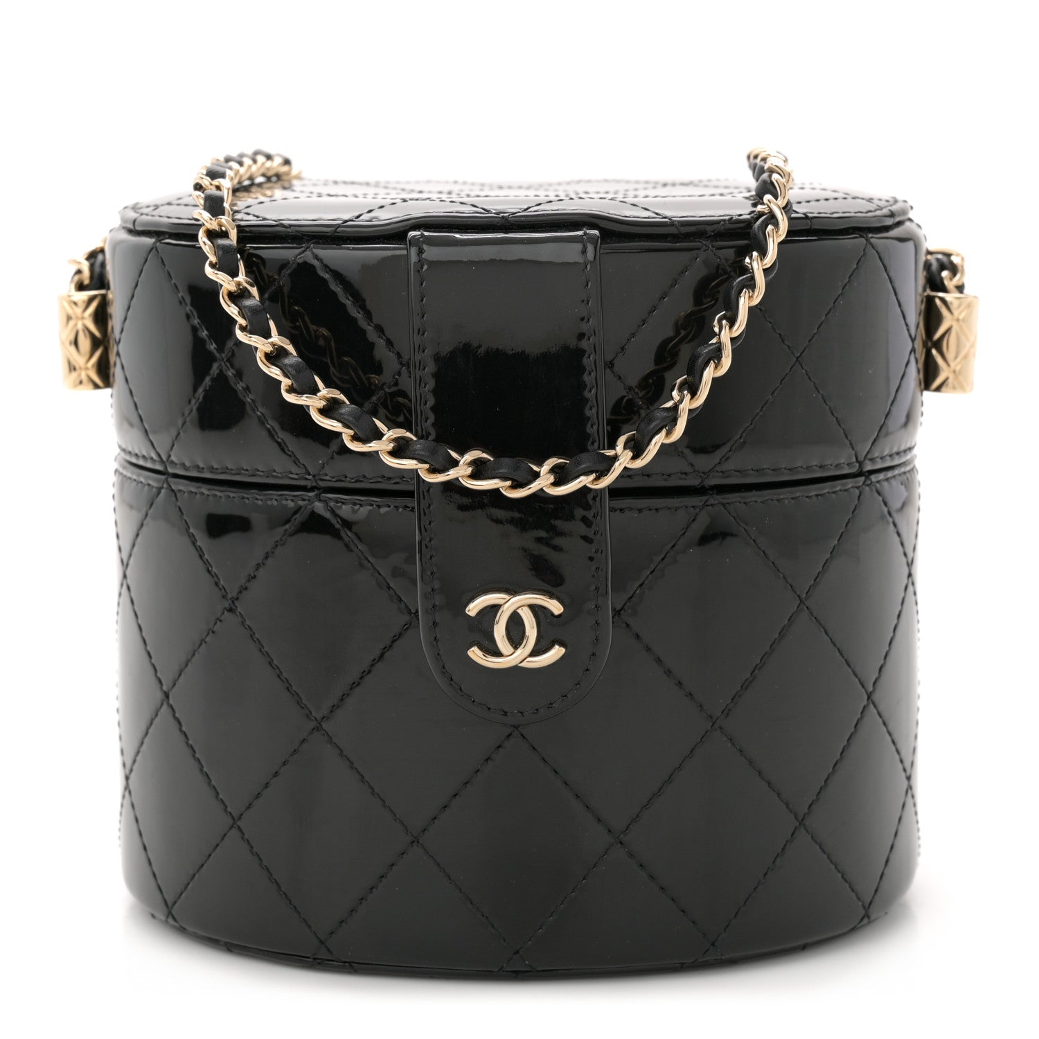 Patent Quilted Round Clutch With Chain Black