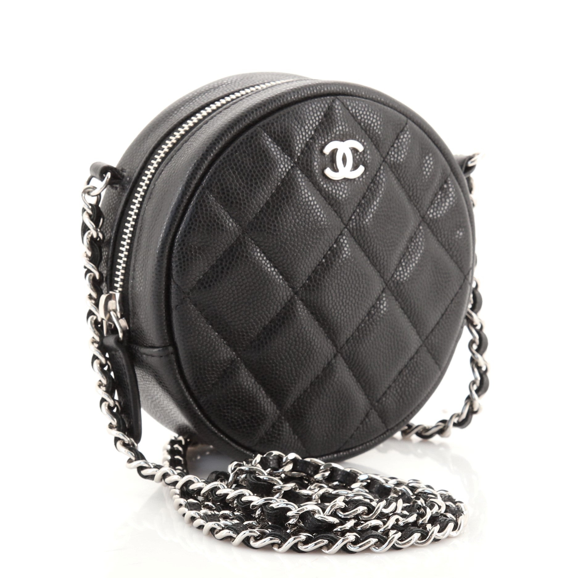 Round Clutch with Chain Quilted Caviar Mini
