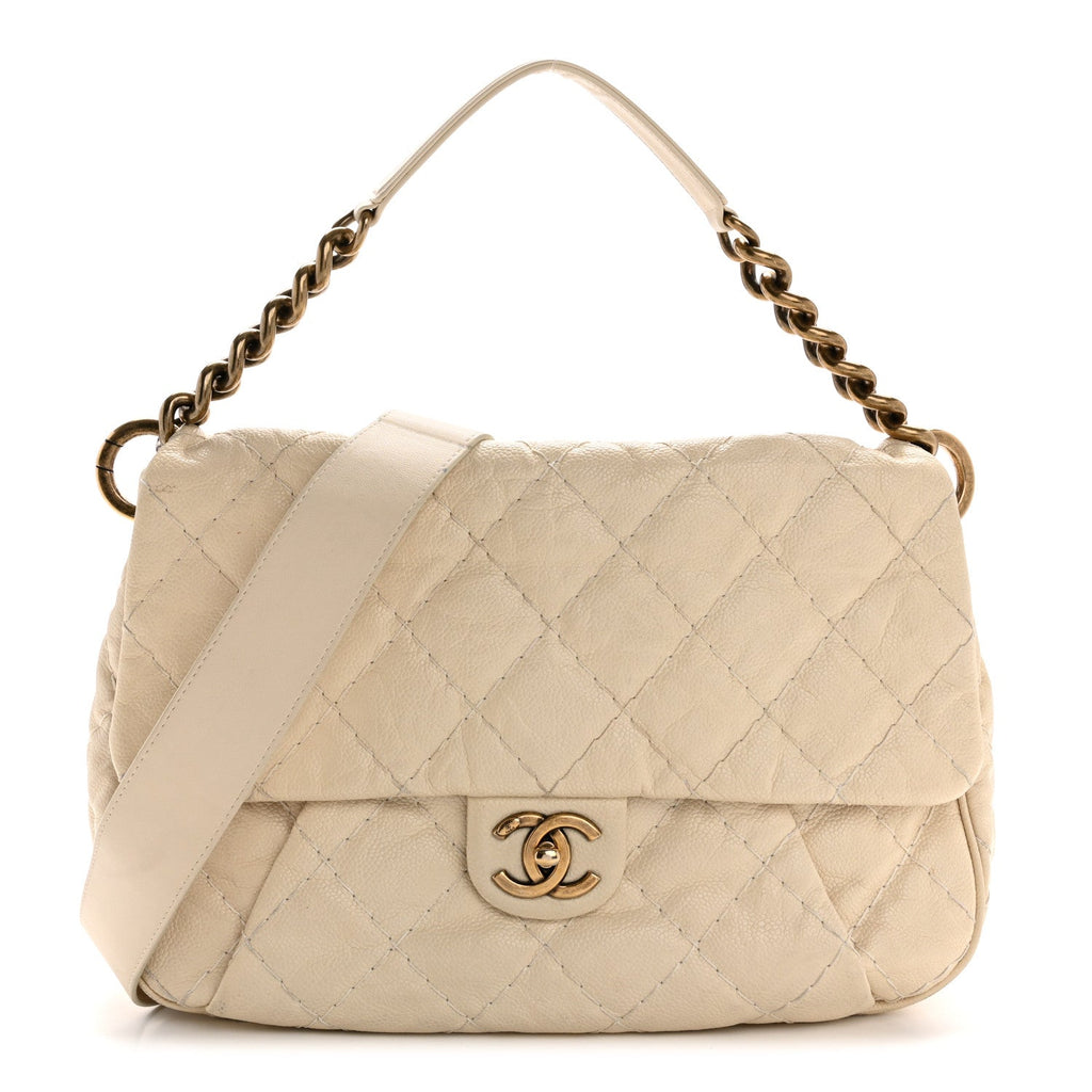 Crumpled Grained Calfskin Medium Coco Pleats Messenger Flap Dark White