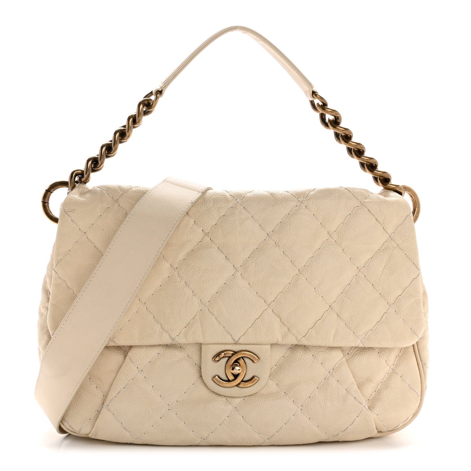 Crumpled Grained Calfskin Medium Coco Pleats Messenger Flap Dark White